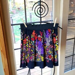 Rosebud Elastic Waist Vibrant Colorful‎ Floral Black 100% Rayon Sz. S Skirt